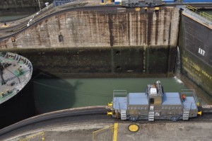 Ship pulled by locomotive