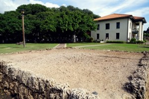 Remains of Old Fort, Court House (R) & Banyan Tree